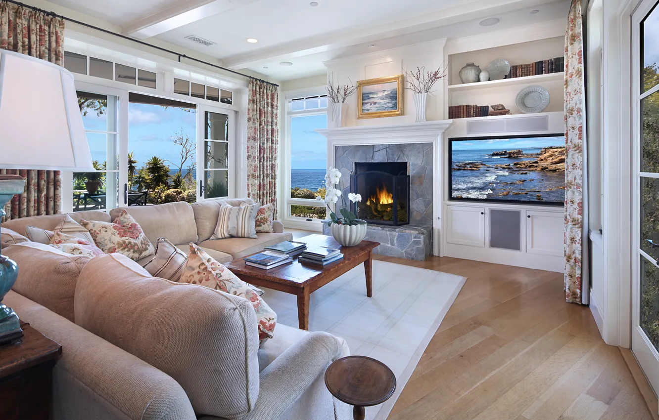 Photo wallpaper sofa, TV, window, fireplace, design, living room, interior, living