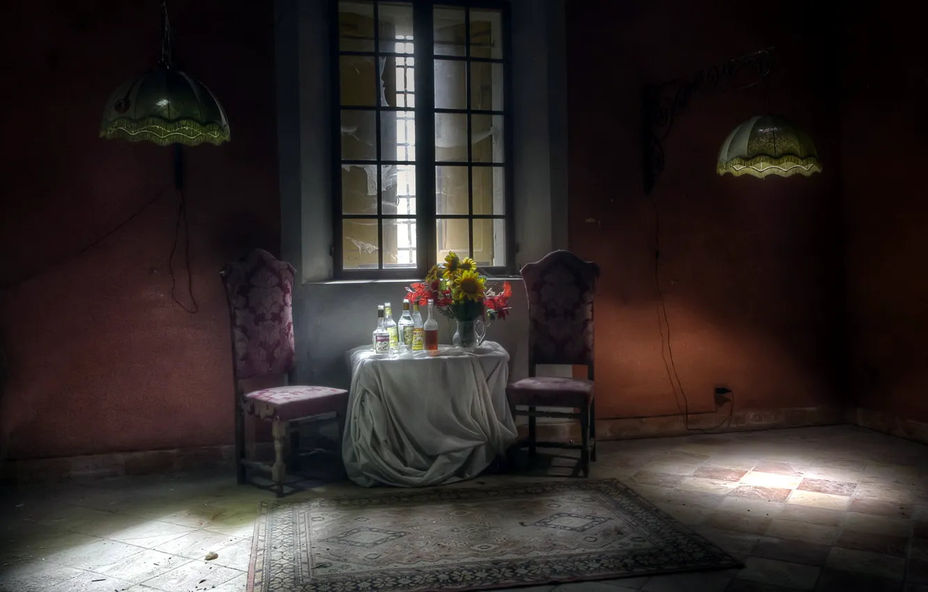 Photo wallpaper table, room, bottle, window