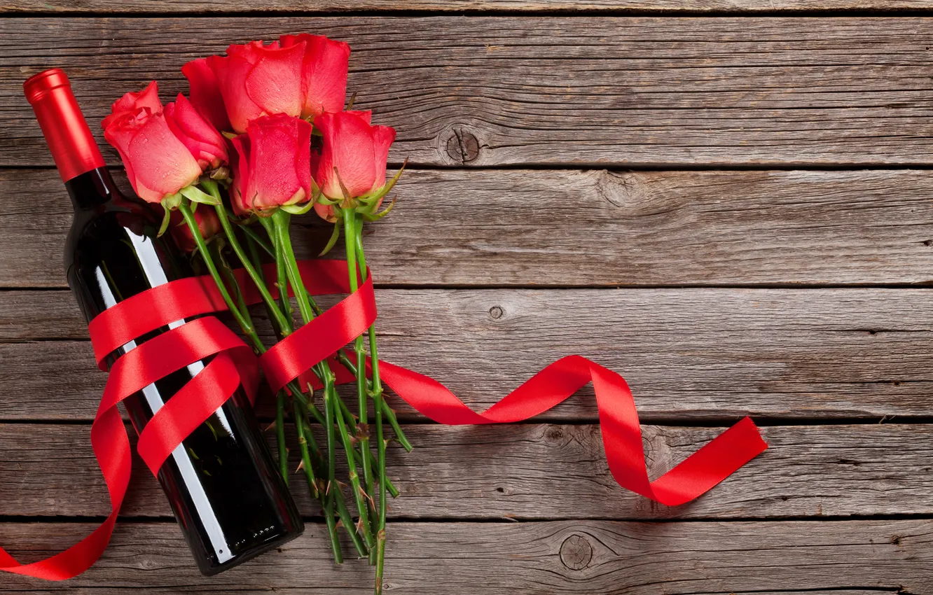 Photo wallpaper love, flowers, gift, wine, romance, bottle, roses, petals