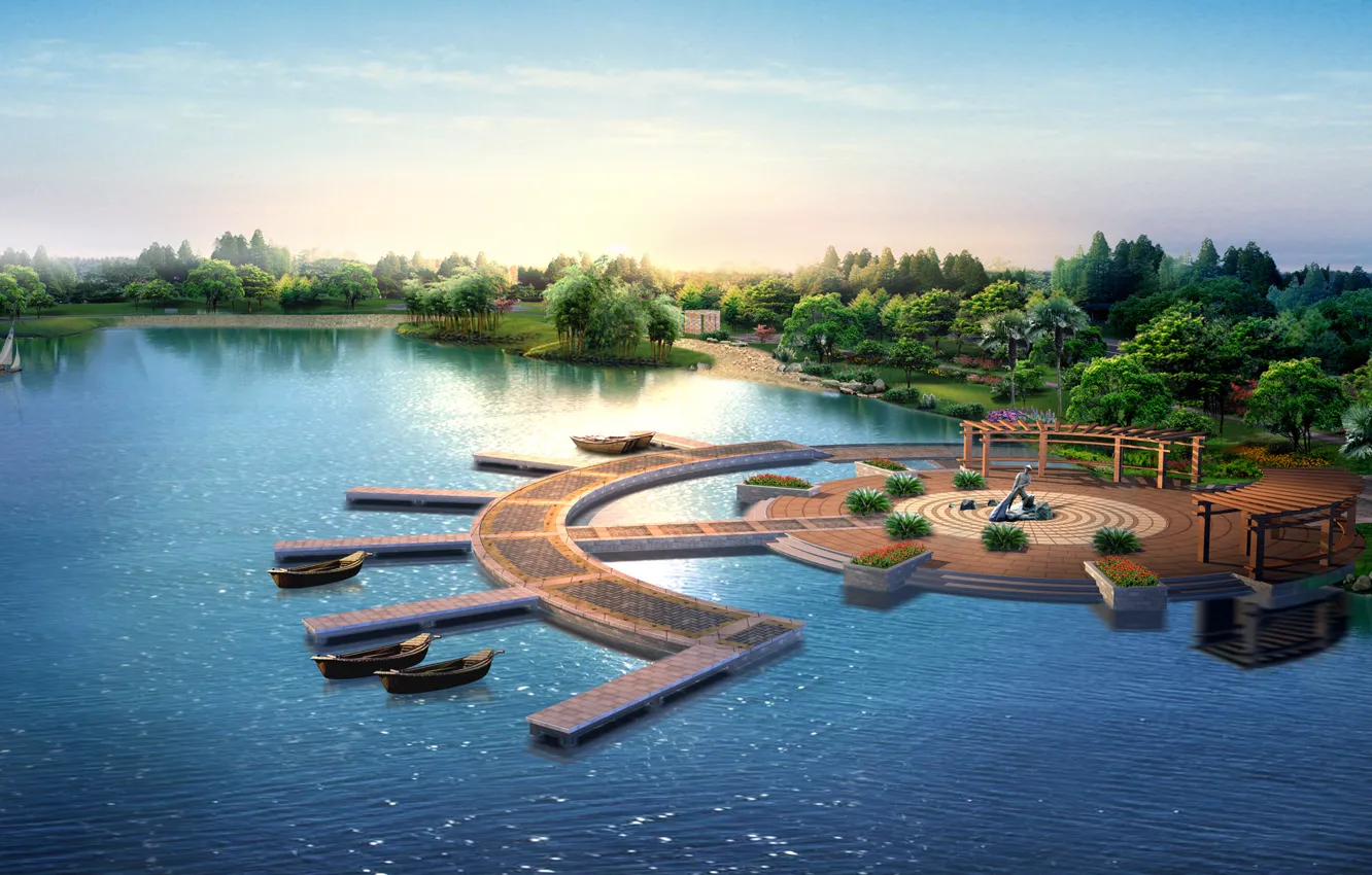 Photo wallpaper lake, boat, monument