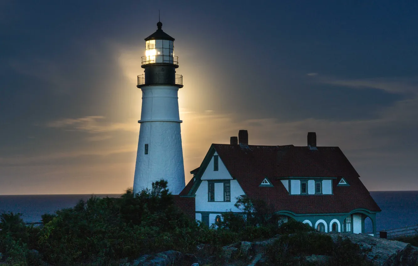 Photo wallpaper sea, water, shore, lighthouse, home, the evening