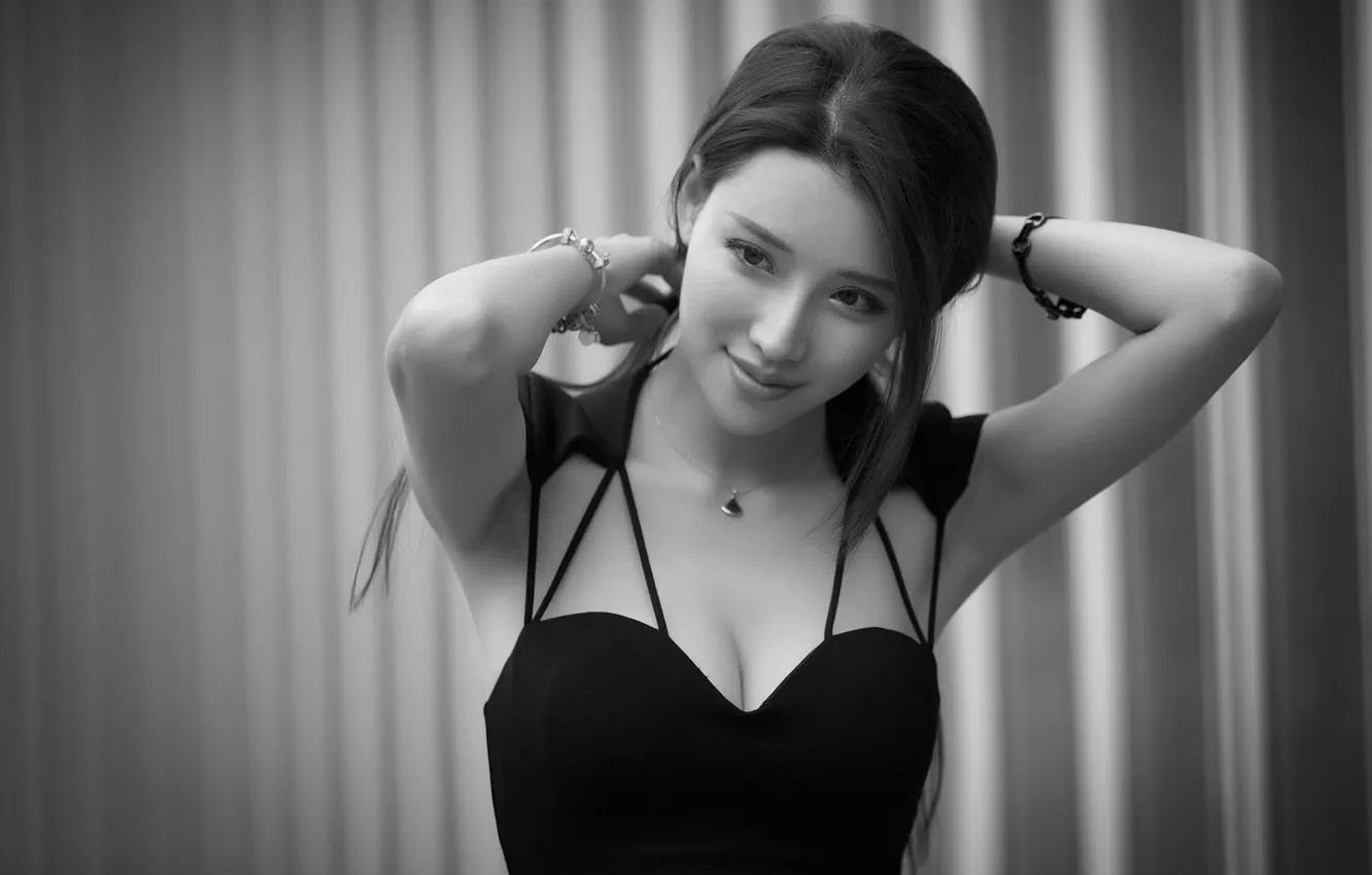 Photo wallpaper pose, background, model, portrait, hands, makeup, dress, hairstyle