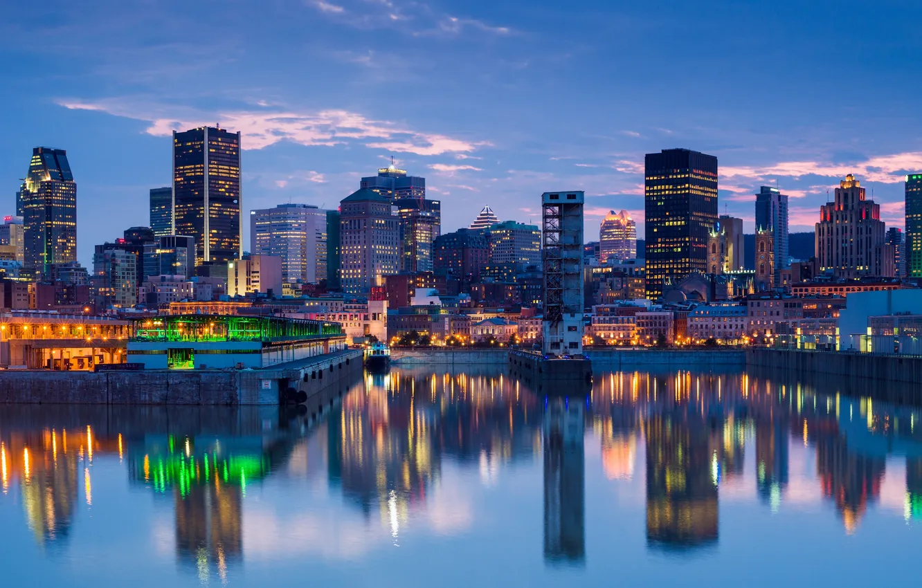 Photo wallpaper the sky, skyscrapers, horizon, Montreal, skyline, the reflection in the water, Quebec, QC