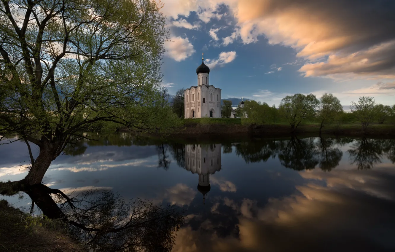 Photo wallpaper landscape, clouds, nature, reflection, river, Church, Nerl