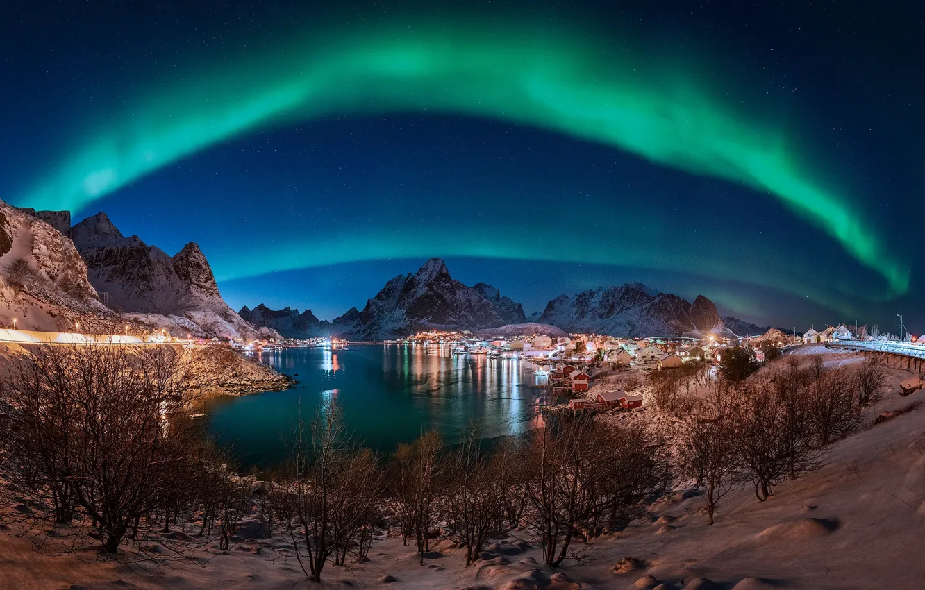 Photo wallpaper winter, lake, lights, photo, Norway, North