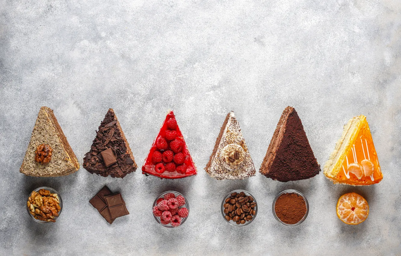 Photo wallpaper berries, raspberry, chocolate, pieces, nuts, light background, cream, different