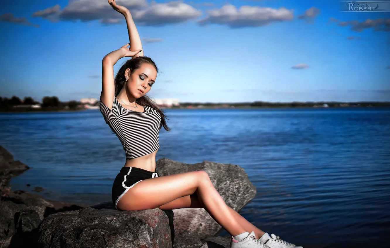 Photo wallpaper the sun, landscape, sexy, pose, river, model, shorts, portrait