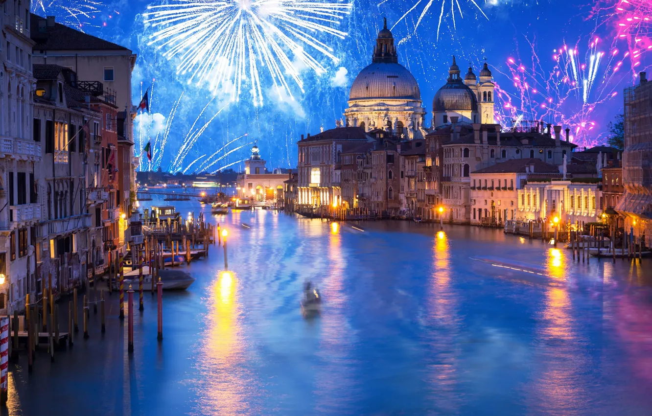 Photo wallpaper the city, holiday, new year, beauty, Italy, Venice, channel, fireworks