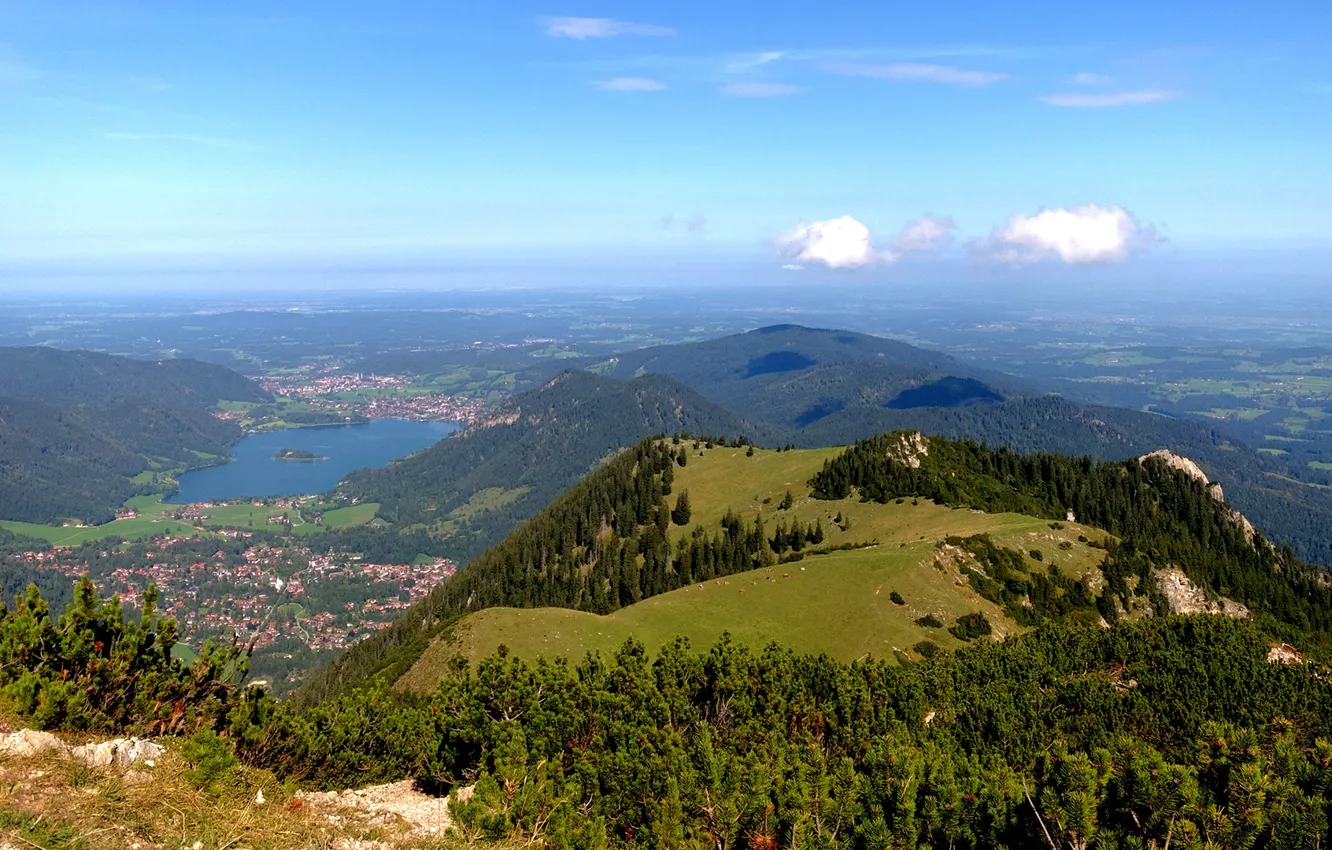 Photo wallpaper field, forest, the sky, the sun, clouds, trees, mountains, lake