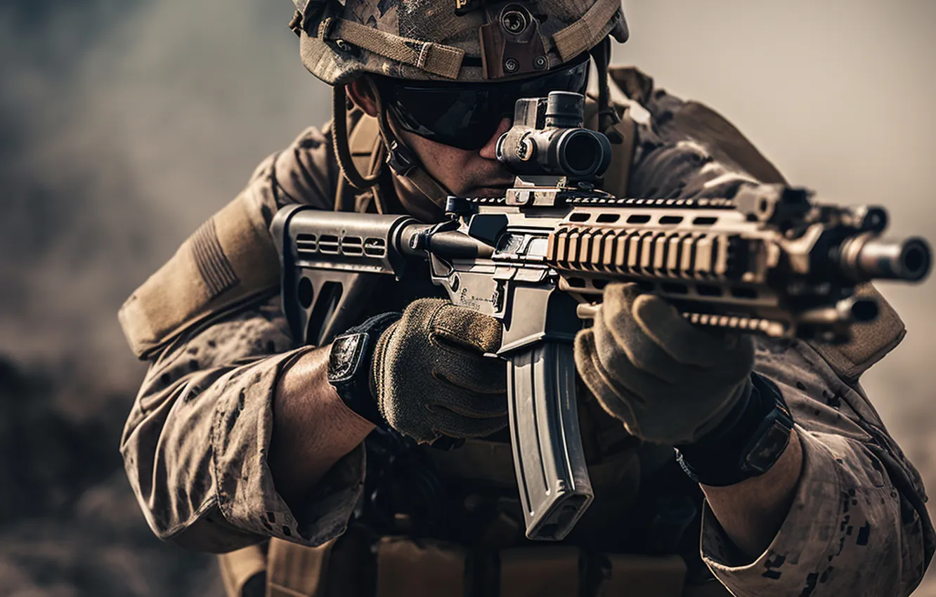 Photo wallpaper glasses, soldiers, machine, male, helmet, digital art, AI art, The Art of Artificial Intelligence