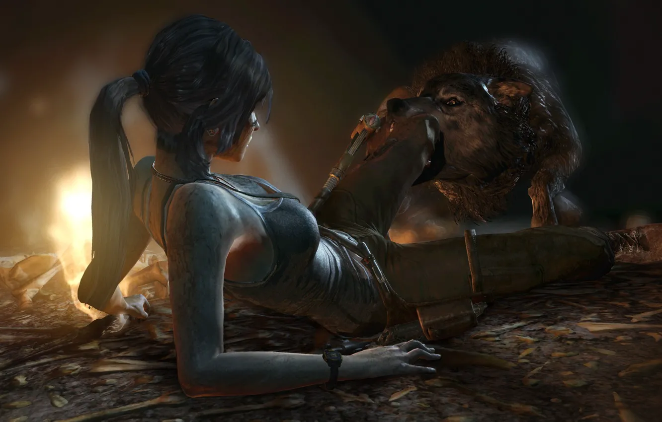 Photo wallpaper wolf, predator, teeth, bite, Tomb Raider, Lara Croft, Lara Croft