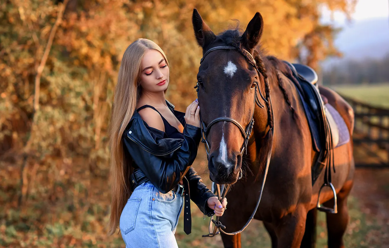 Photo wallpaper autumn, girl, nature, animal, horse, jeans, jacket, blonde