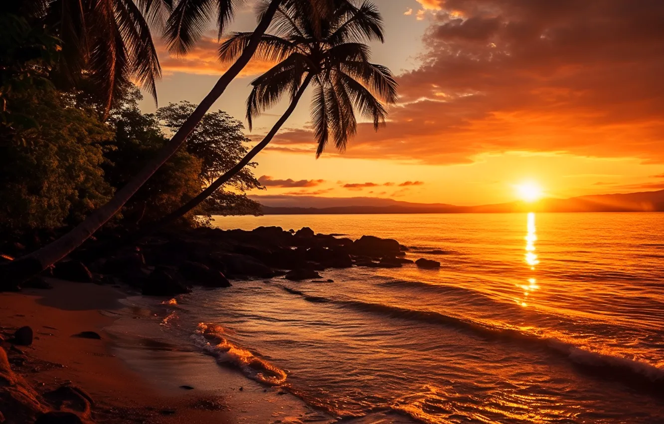 Photo wallpaper waves, beach, sky, sunset, water, art, clouds, rocks