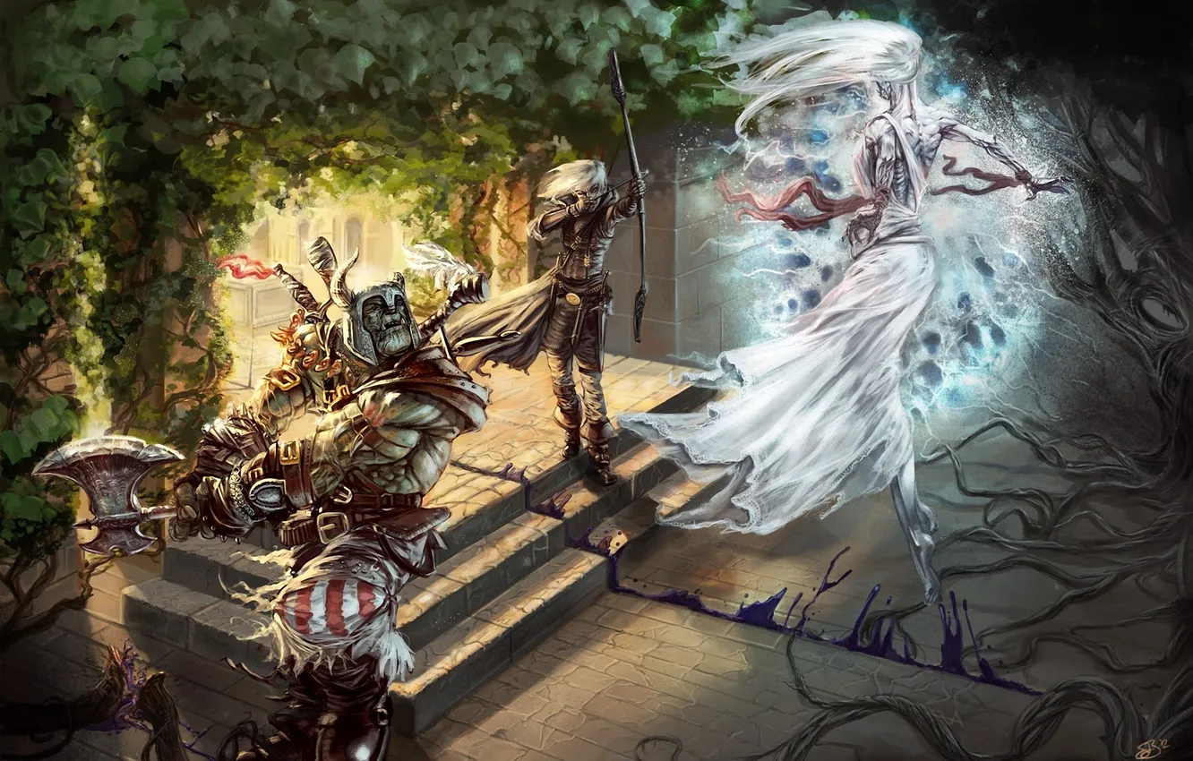 Photo wallpaper girl, magic, elf, warrior, bow, art, battle