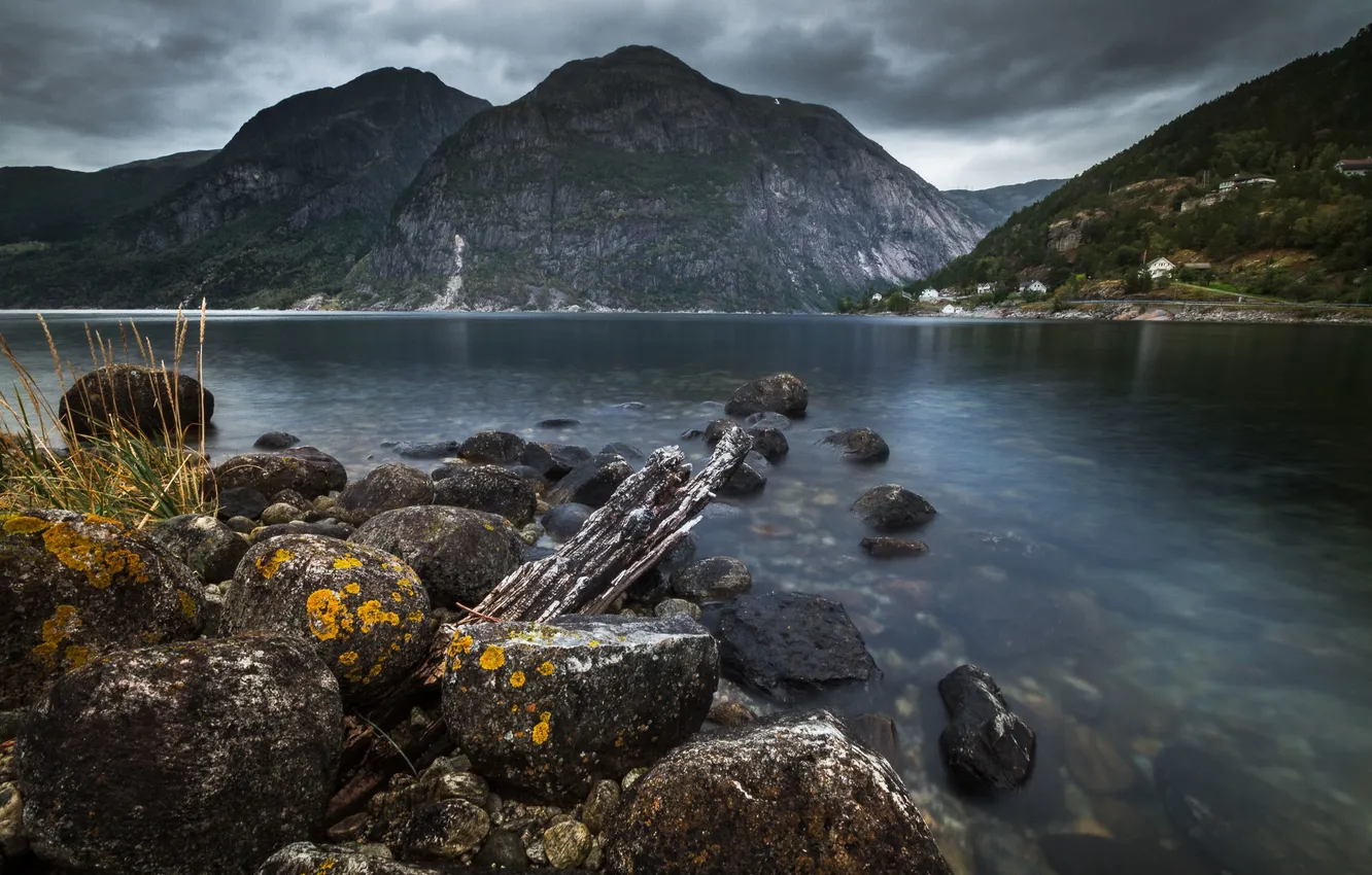 Photo wallpaper mountains, clouds, village, stones, Norway, bush, Fjord, driftwood