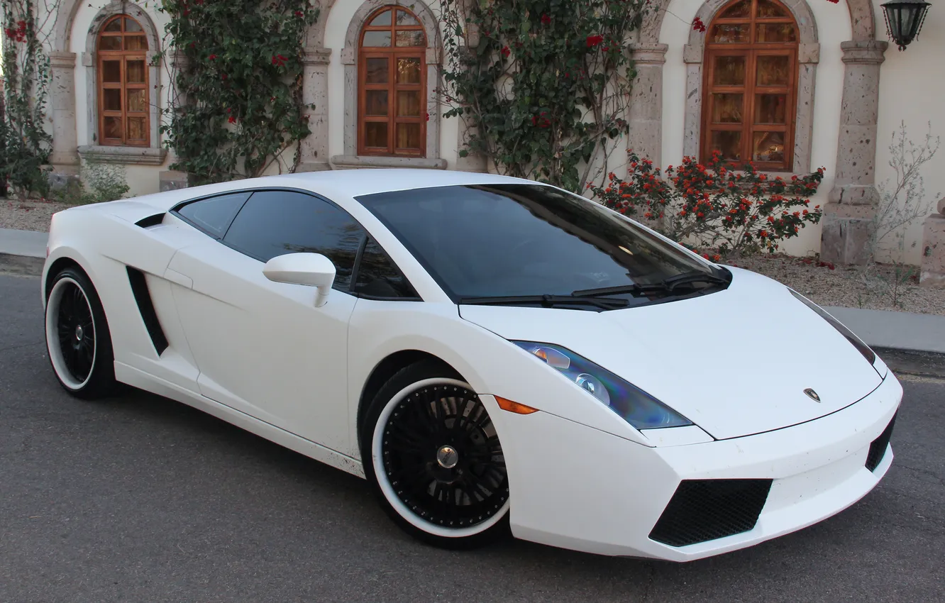Photo wallpaper white, black, building, Lamborghini, window, lights, white, Gallardo
