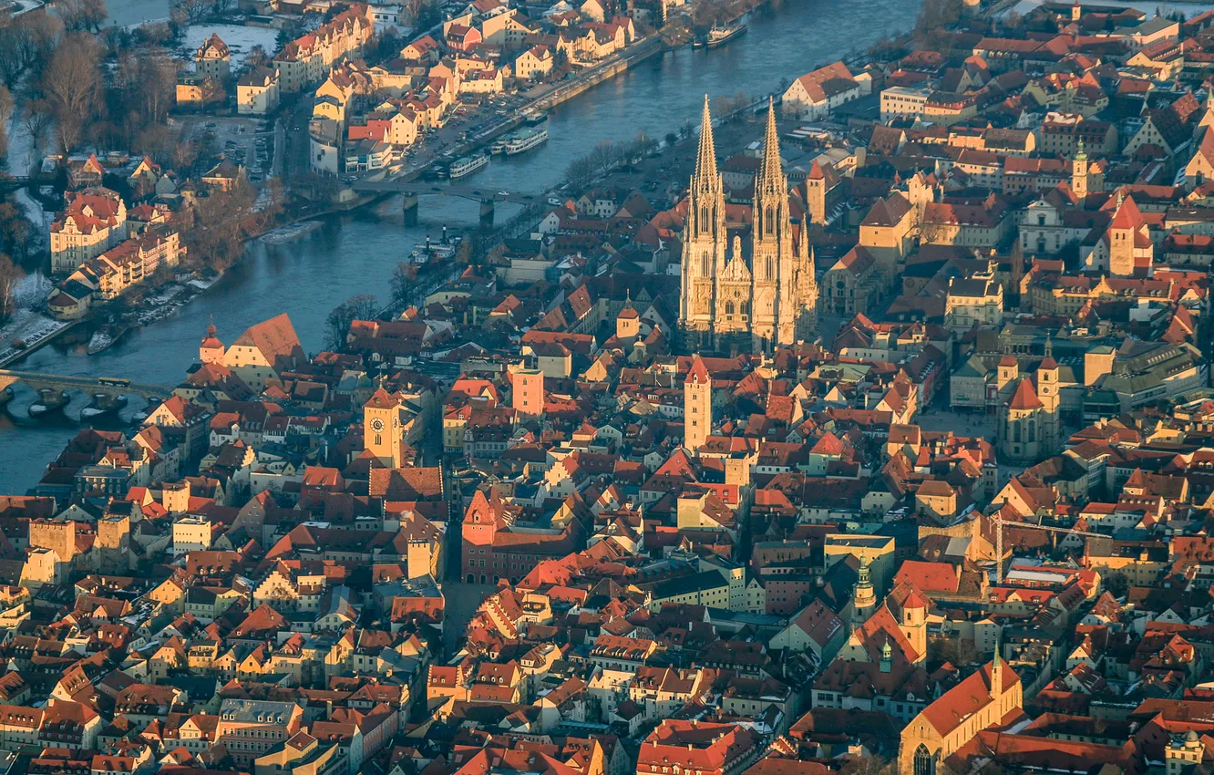 Photo wallpaper bridge, river, home, Germany, Bayern, Church, panorama, Cathedral