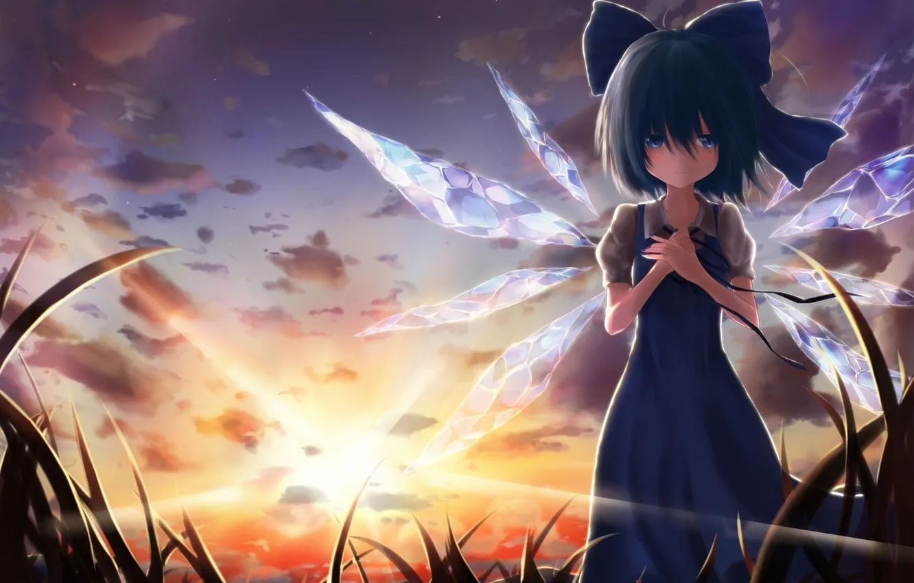 Photo wallpaper ice, grass, girl, clouds, sunset, wings, dress, blue eyes