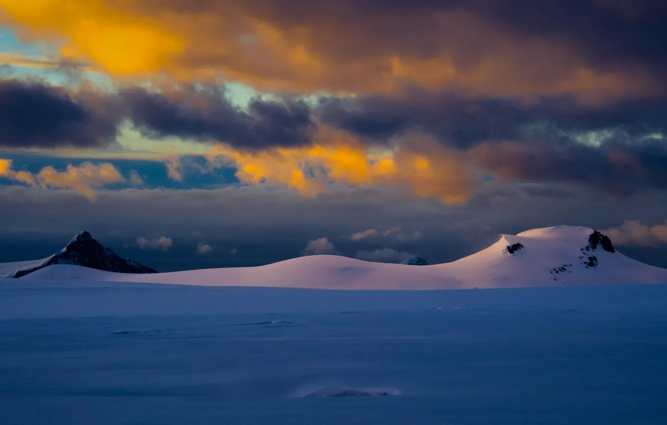 Photo wallpaper winter, snow, mountains, clouds, nature