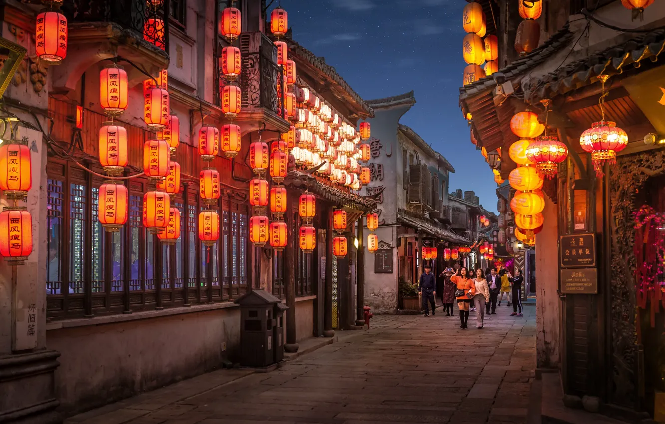 Photo wallpaper people, street, China, home, the evening, China, lanterns