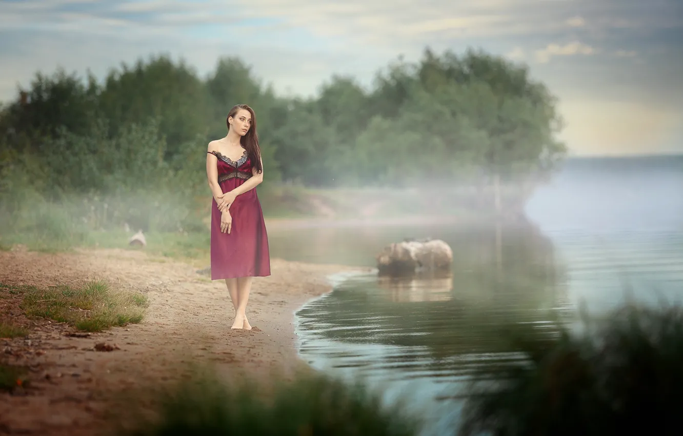 Photo wallpaper summer, girl, nature, pose, fog, river