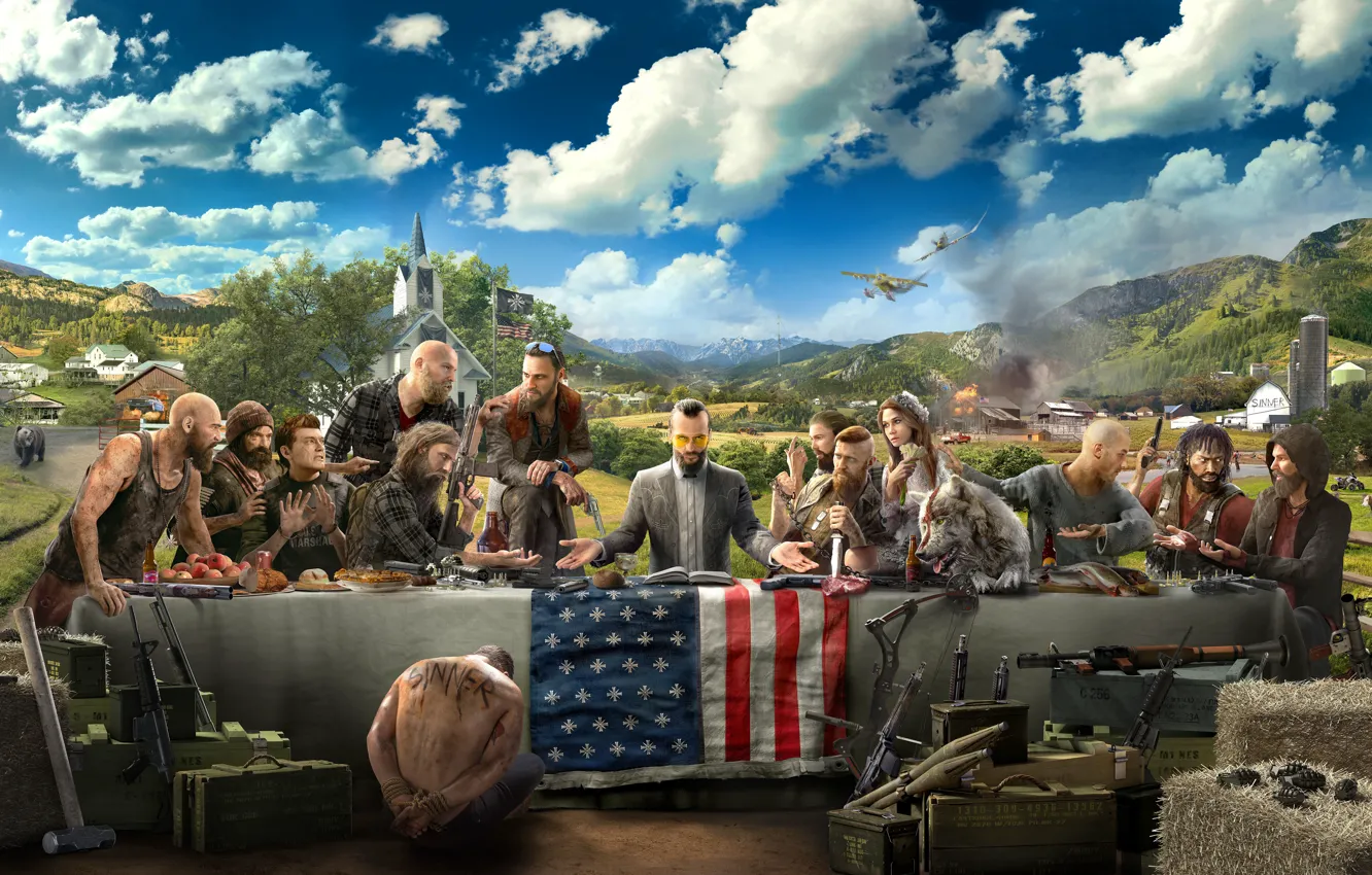 Photo wallpaper clouds, the plane, weapons, table, people, flag, bear, art