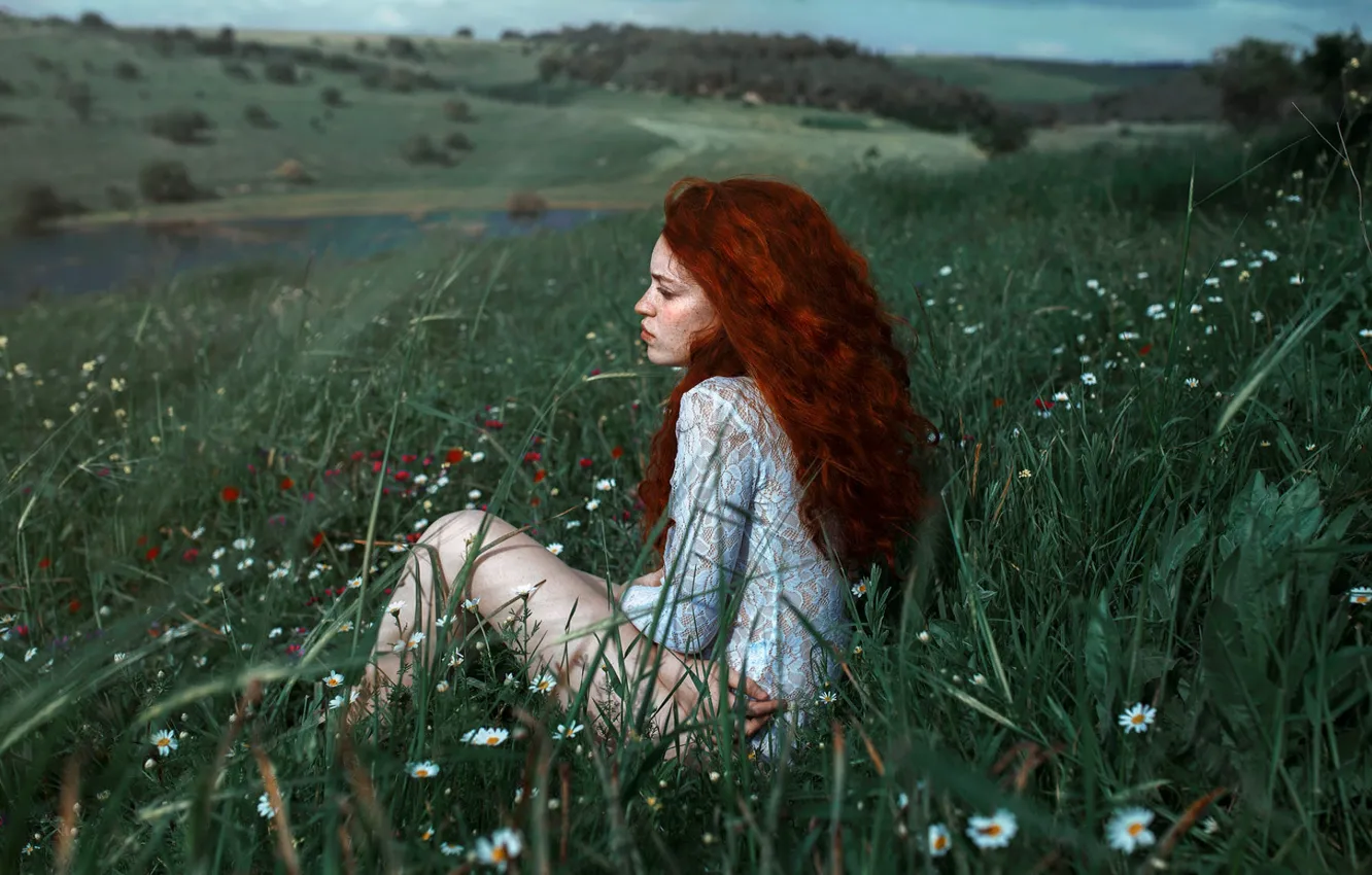 Photo wallpaper river, grass, nature, greens, red, flowers, Photographer Adi Dekel, freckles