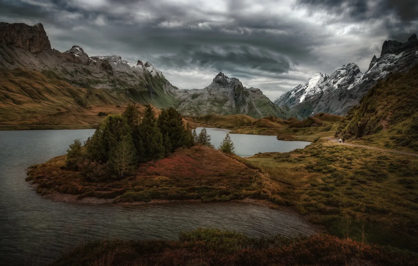 Photo wallpaper clouds, mountains, lake