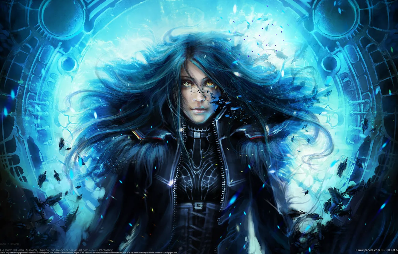 Photo wallpaper girl, storm, blue, feathers, Ukraine, helen rusovich