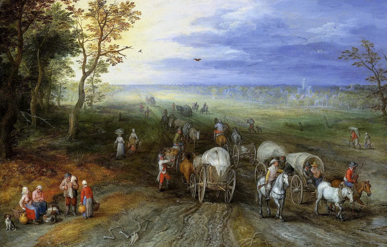 Photo wallpaper road, picture, wagon, rider, A landscape with Travelers, Jan Brueghel the elder