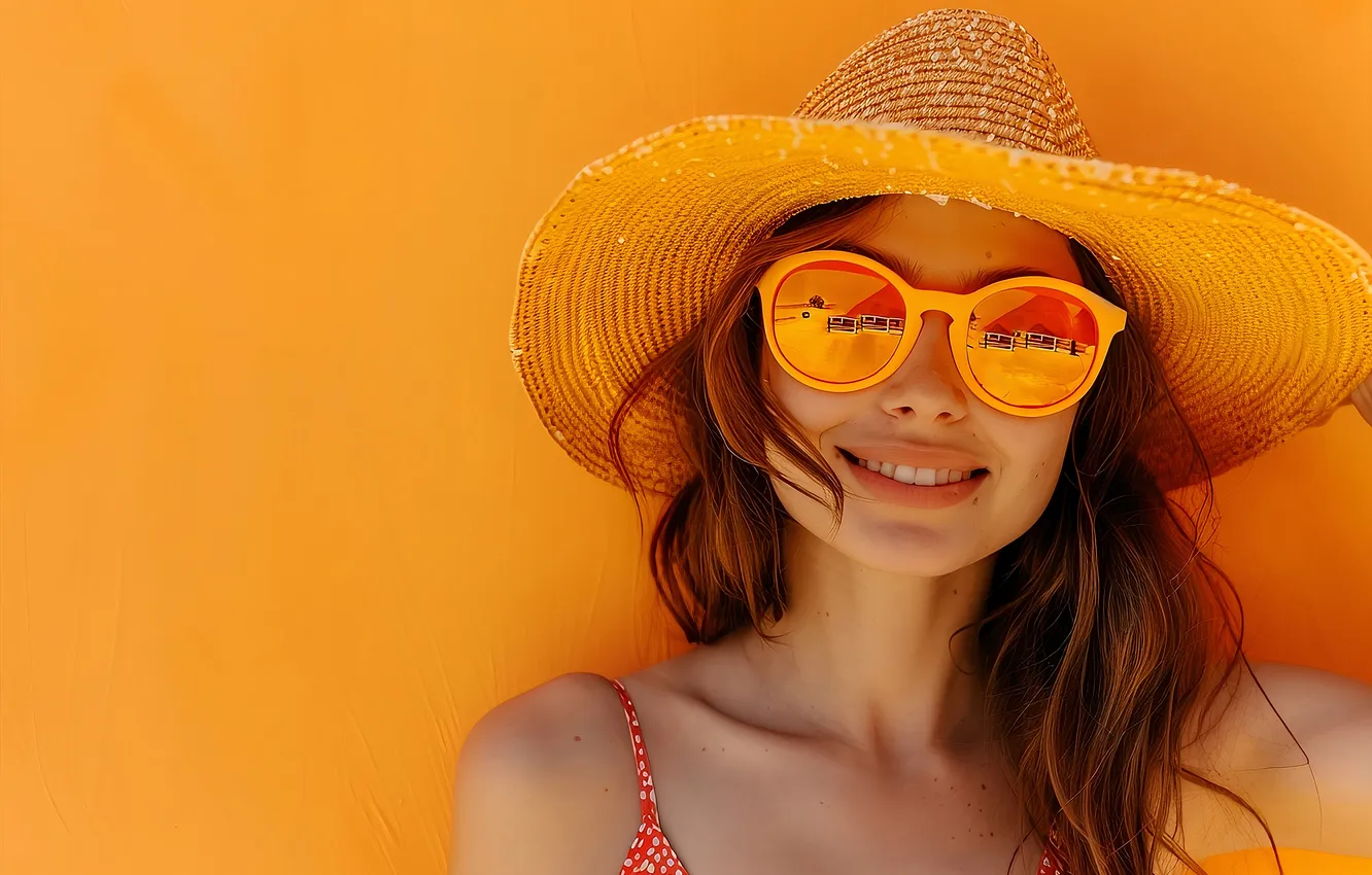 Photo wallpaper summer, look, girl, smile, portrait, hat, glasses, brown hair