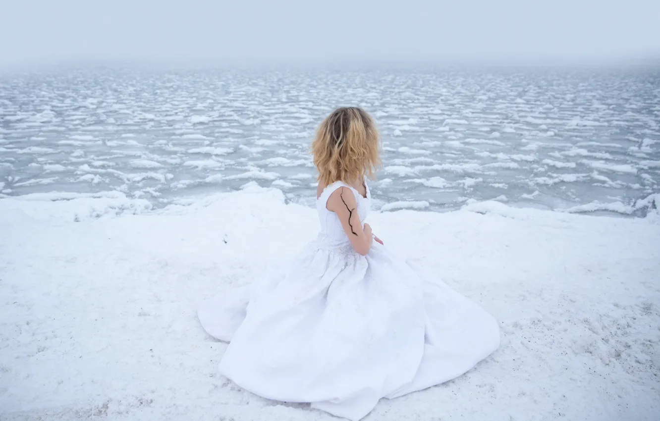 Photo wallpaper girl, snow, lake, shore, dress, cold, Lichon, cracked