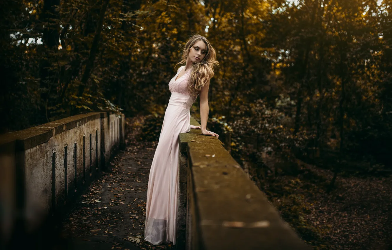 Photo wallpaper autumn, girl, bridge, pose, figure, dress, beautiful, Natasha