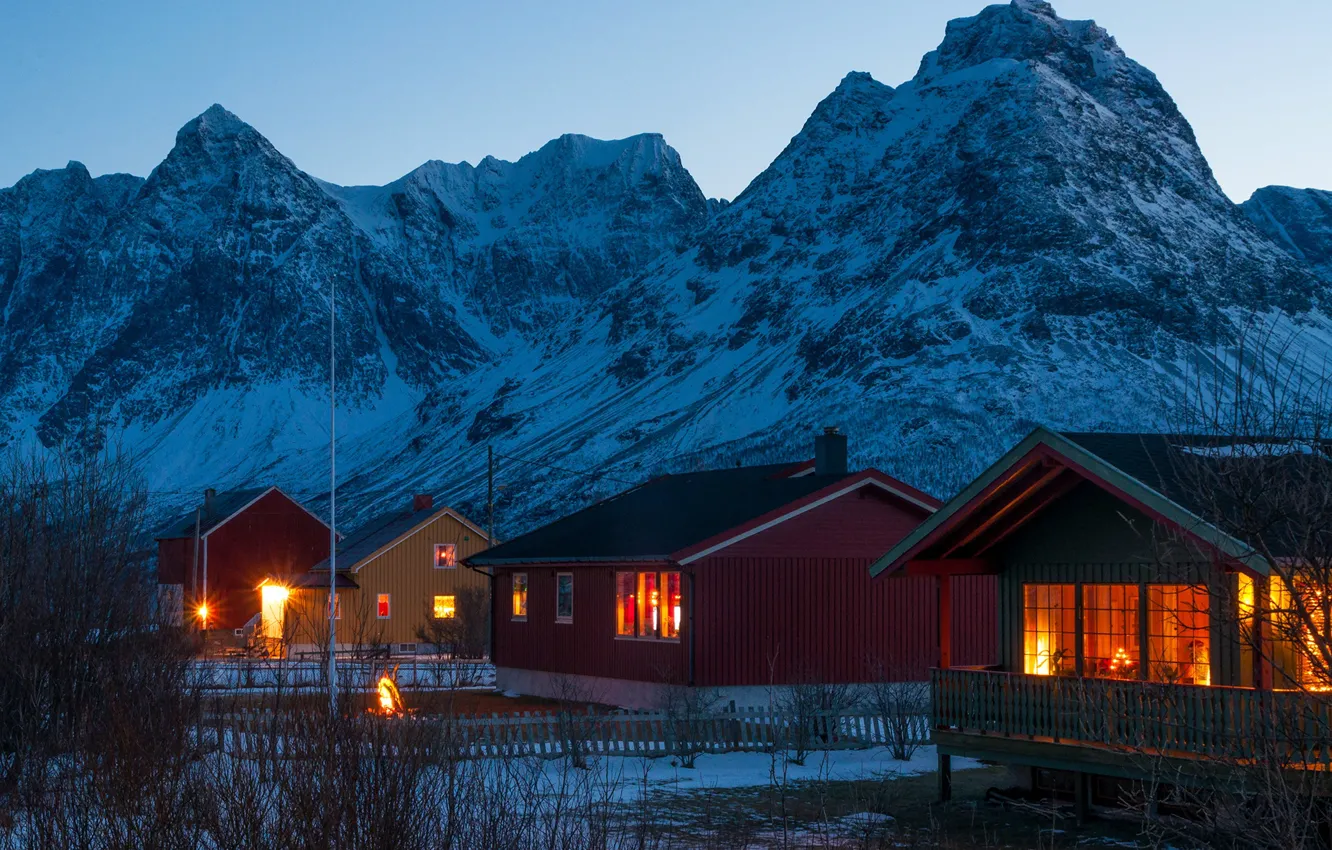 Photo wallpaper winter, snow, mountains, lights, home, the evening, Norway, Svensby village