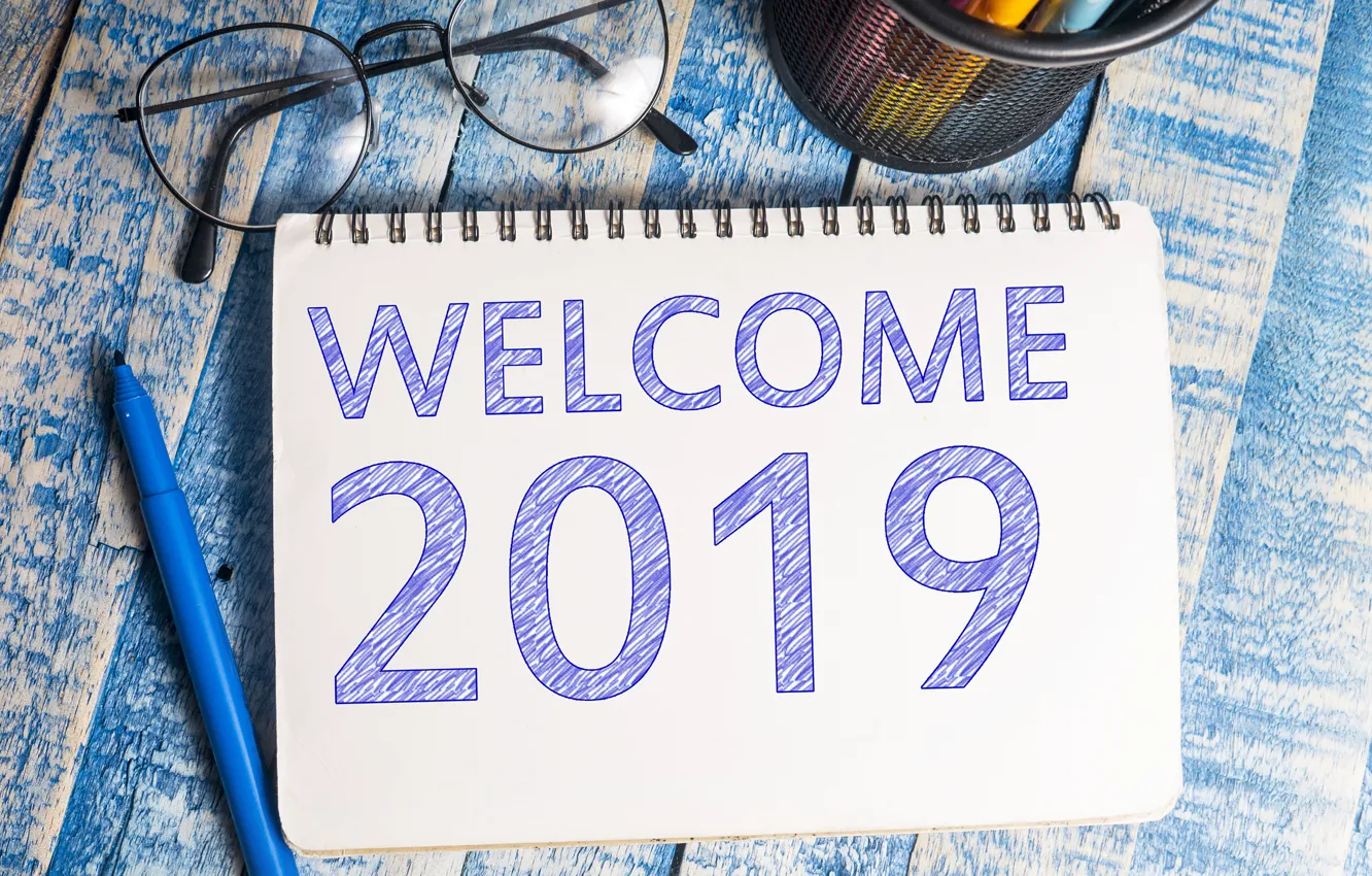 Photo wallpaper new year, glasses, Notepad, 2019
