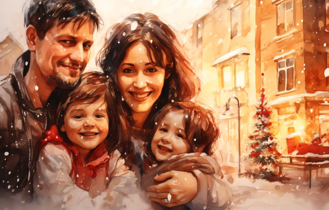 Photo wallpaper girl, joy, children, smile, tree, new year, home, family