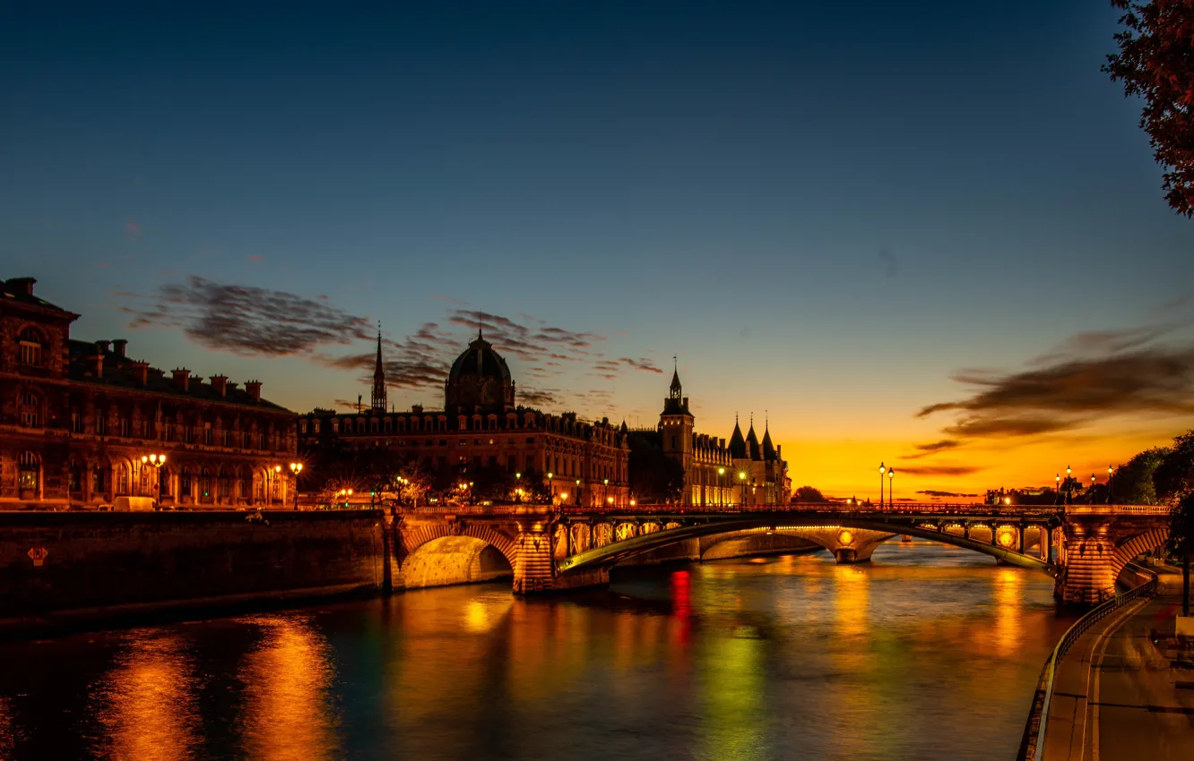 Photo wallpaper the sky, night, bridge, the city, lights, river, France, Paris
