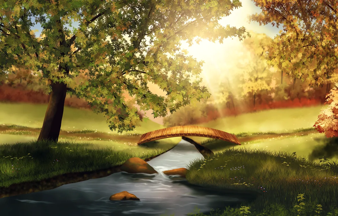 Photo wallpaper graphics, summer, forest, river, nature, bridge, scenery