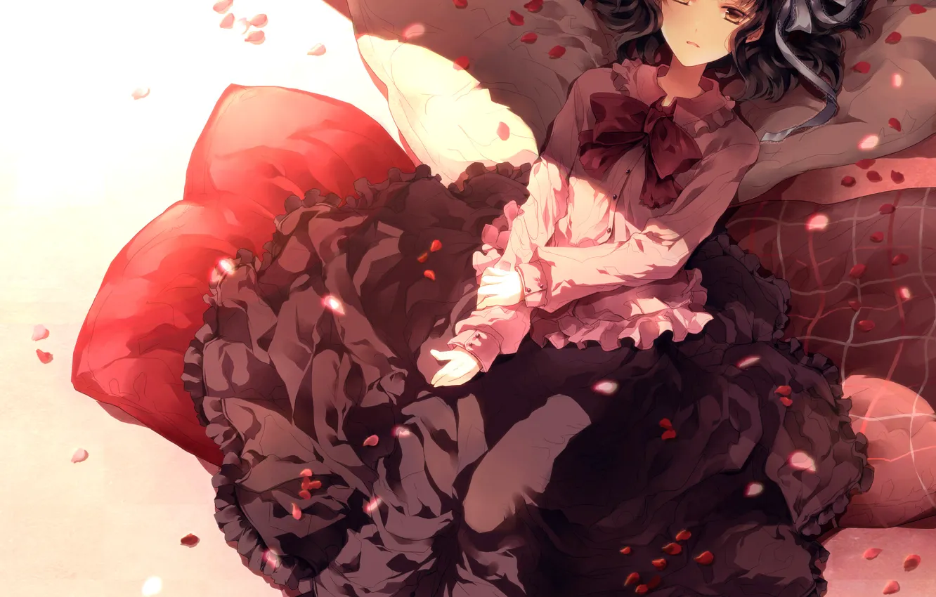 Photo wallpaper girl, bed, pillow, petals, dress, short hair, lying, black hair