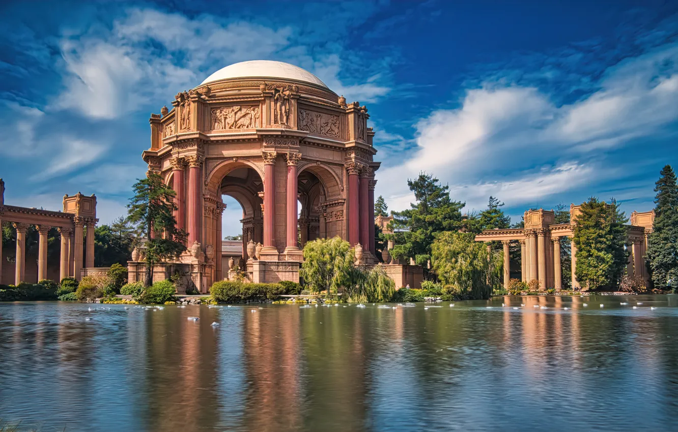 Photo wallpaper pond, the building, CA, San Francisco, architecture, California, San Francisco, Palace of fine arts