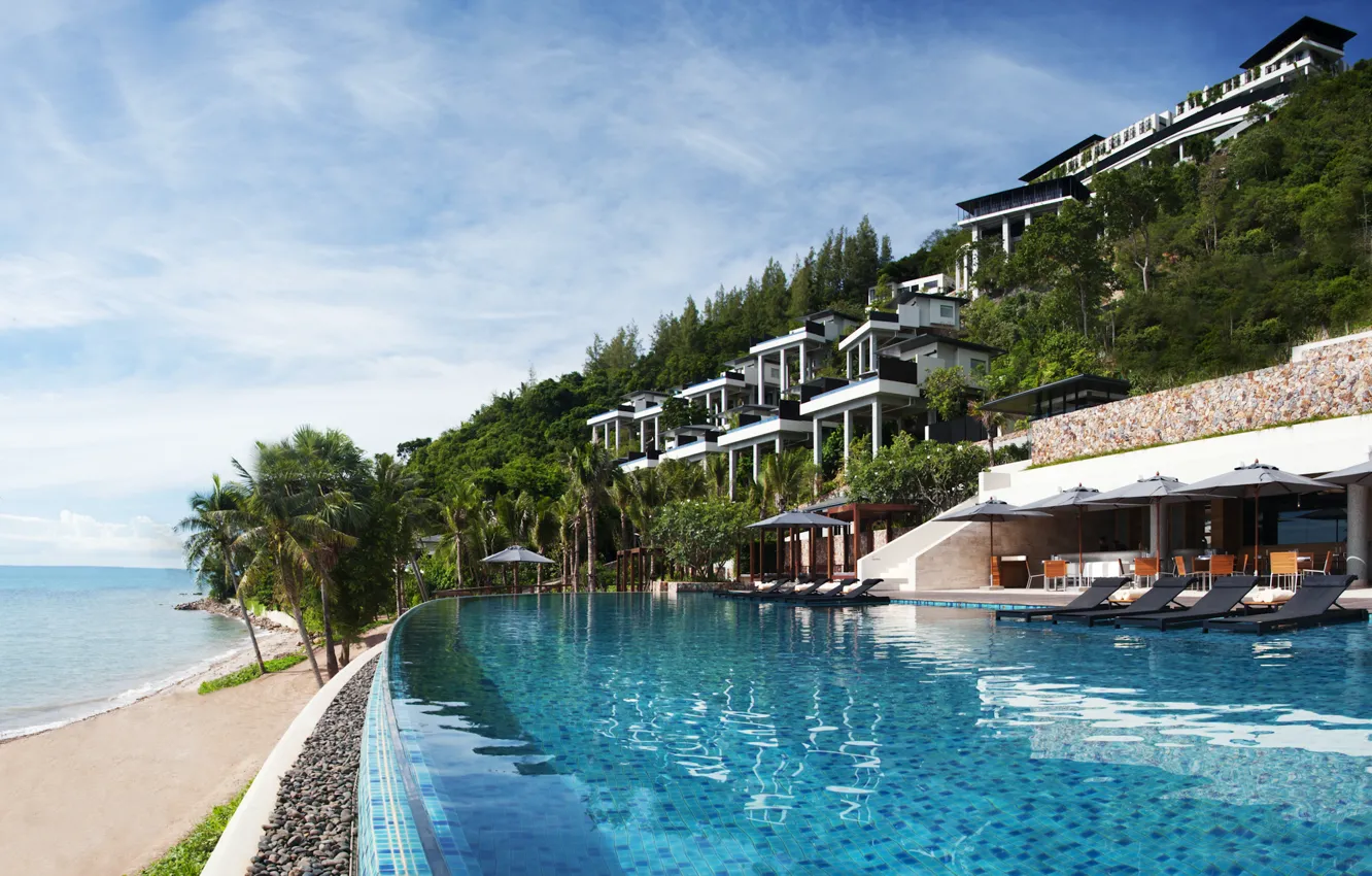 Photo wallpaper tropics, palm trees, the ocean, pool, the hotel, resort