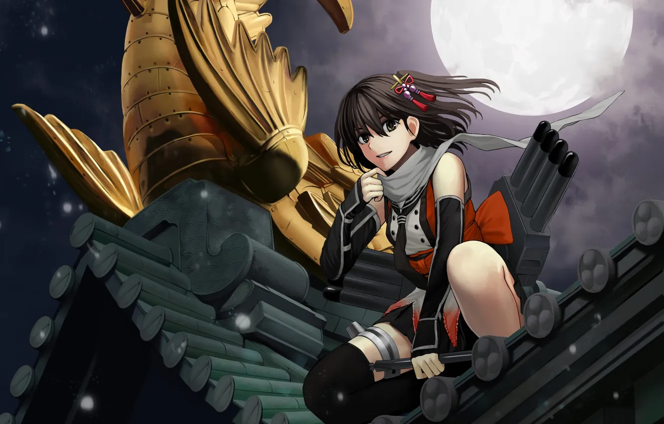 Photo wallpaper look, girl, night, smile, weapons, the full moon, art, kantai collection