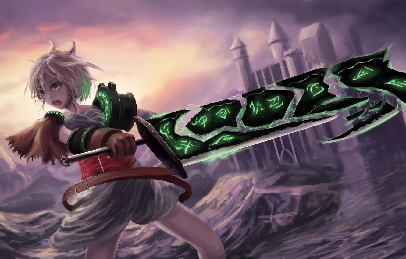 Photo wallpaper girl, weapons, castle, magic, sword, anime, art, League of Legends