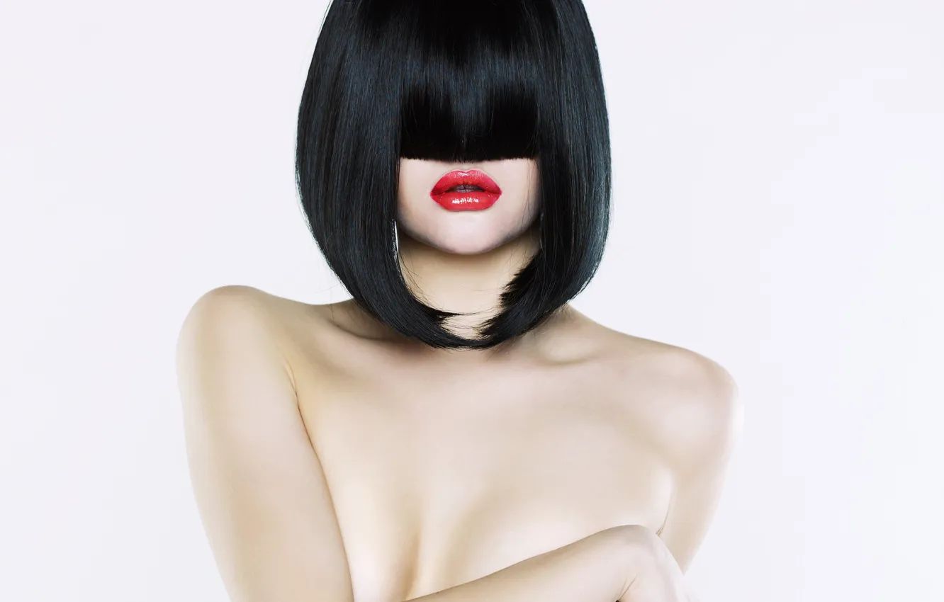 Photo wallpaper girl, model, hair, hands, white background, bangs, red lips, haircut. Kare