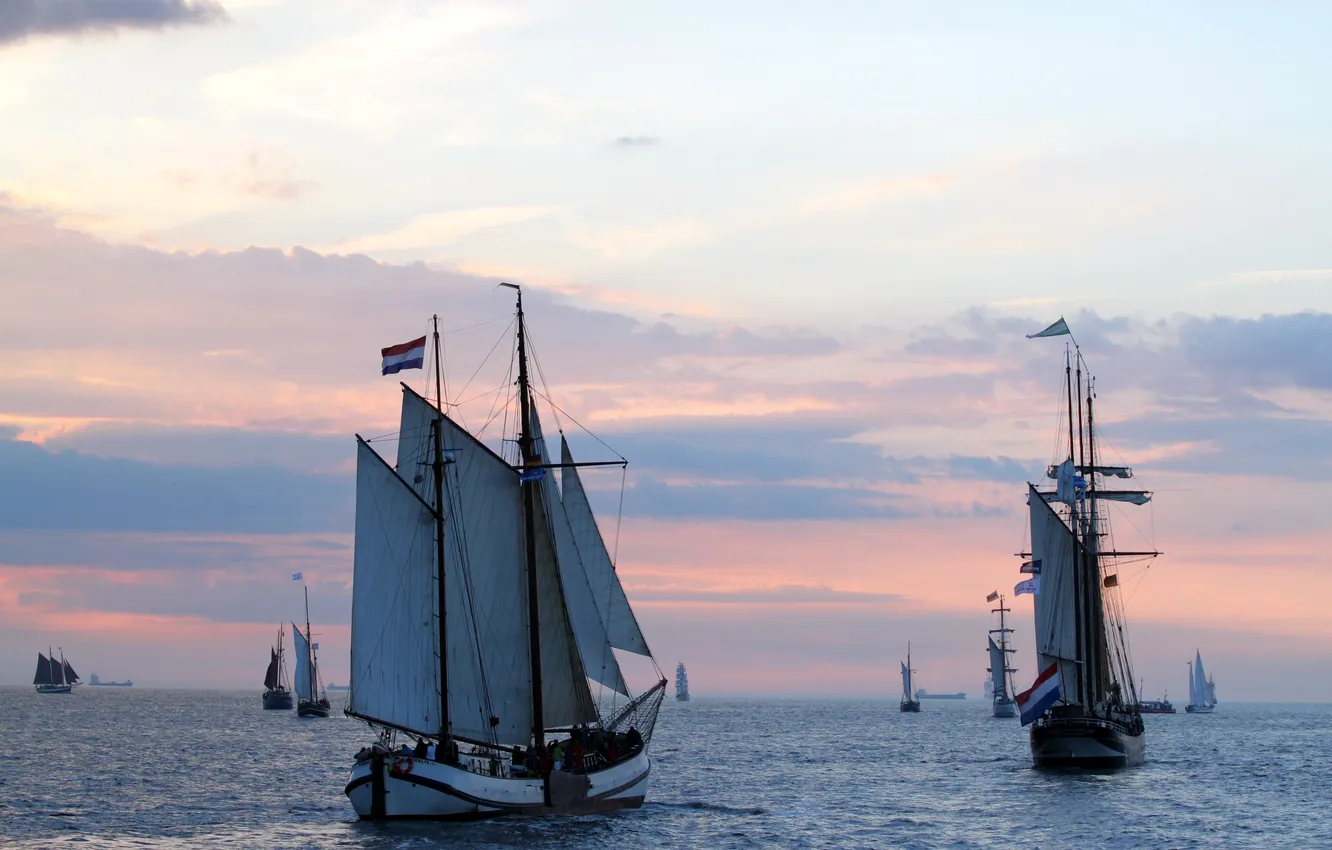 Photo wallpaper sea, the sky, sunset, the ocean, dawn, ship, sailboat, horizon