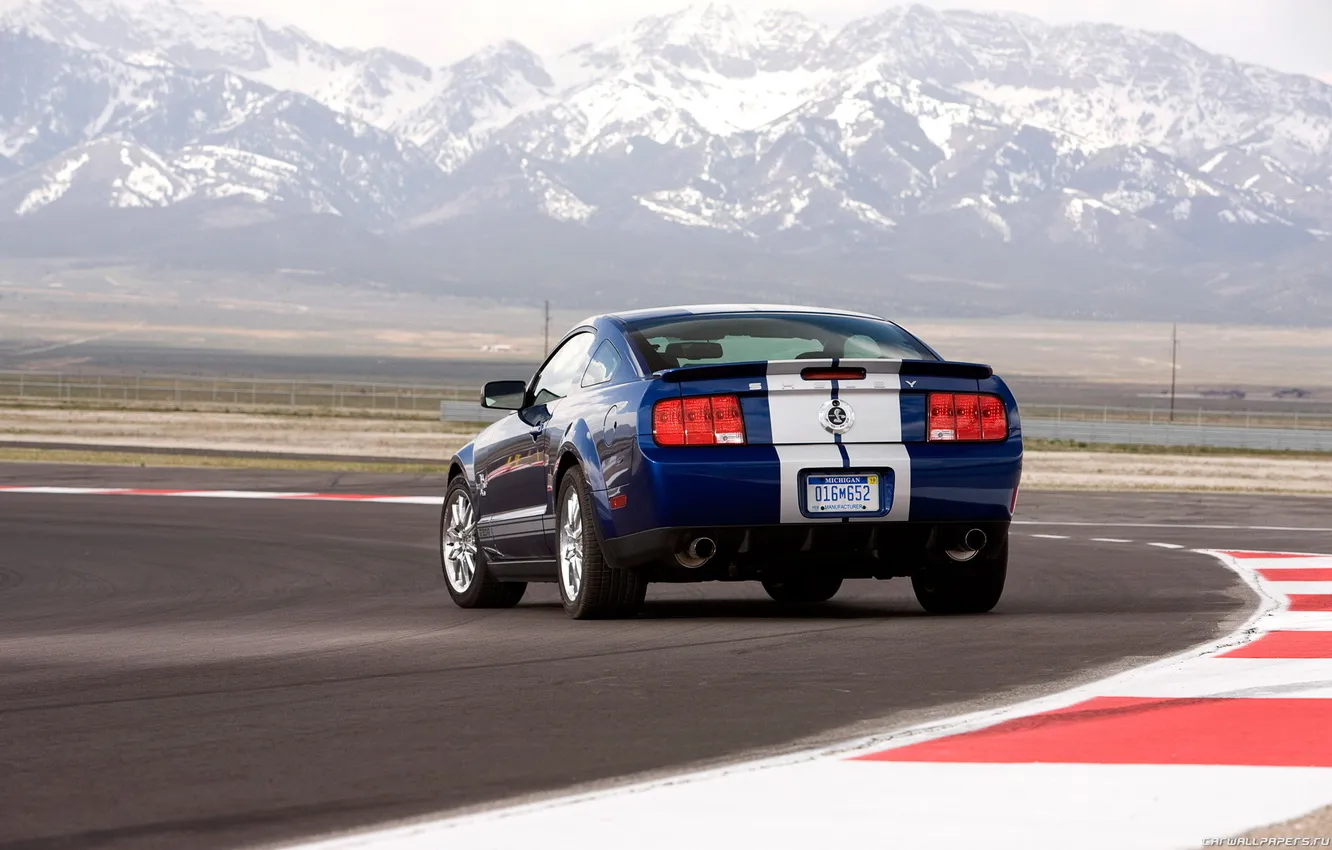 Photo wallpaper mountains, blue, Mustang, Shelby, GT500KR, the white stripes