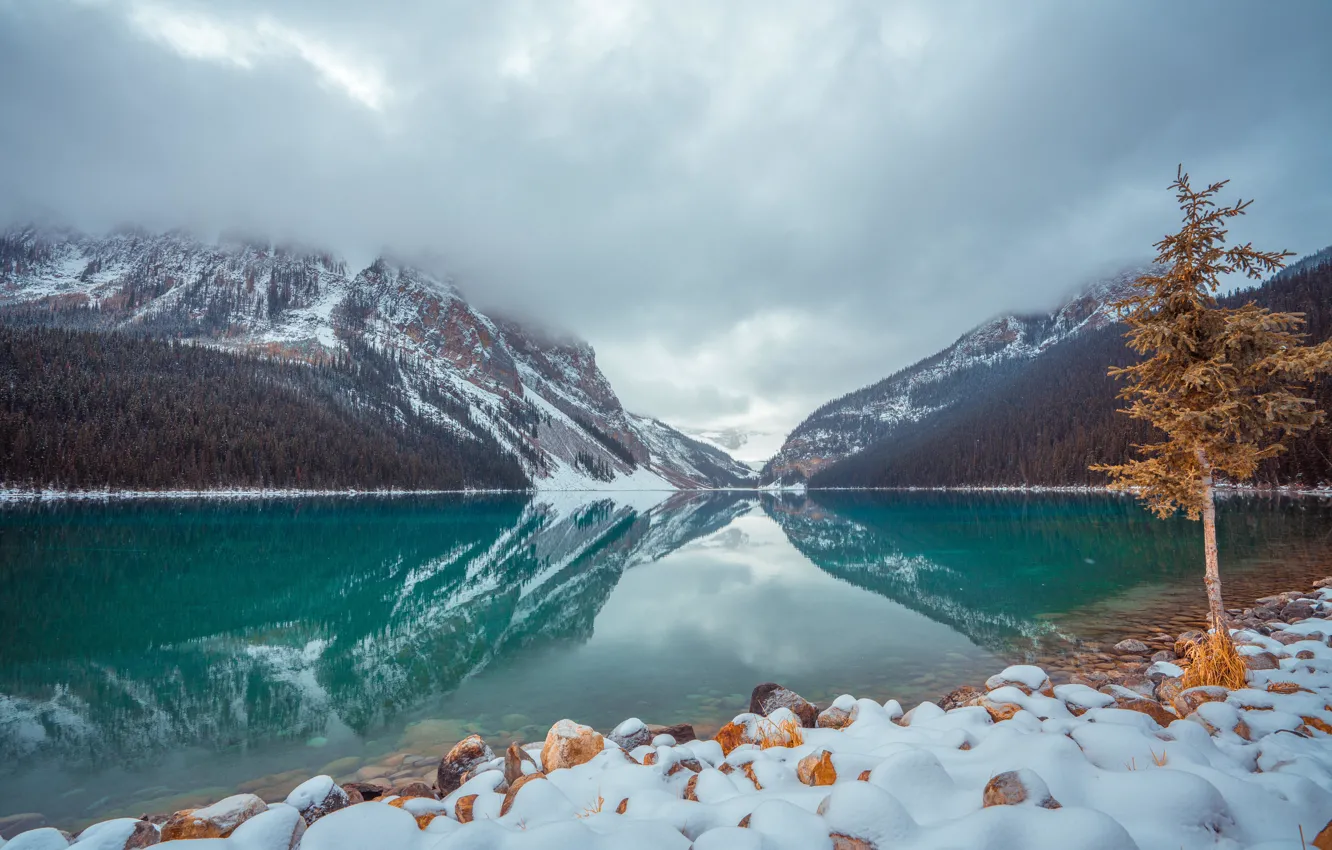 Photo wallpaper winter, clouds, snow, mountains, lake, Park, stones, Canada