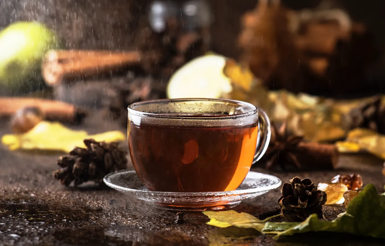 Photo wallpaper the rain, glass, leaves, water, drops, squirt, table, tea