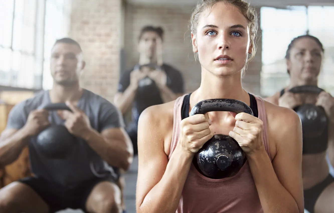 Photo wallpaper blue eyes, workout, gym, class, group fitness