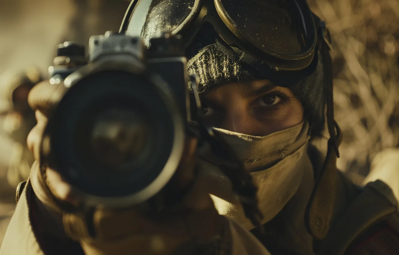 Photo wallpaper look, girl, soldiers, the camera, digital art, AI art, The Art of Artificial Intelligence, War …